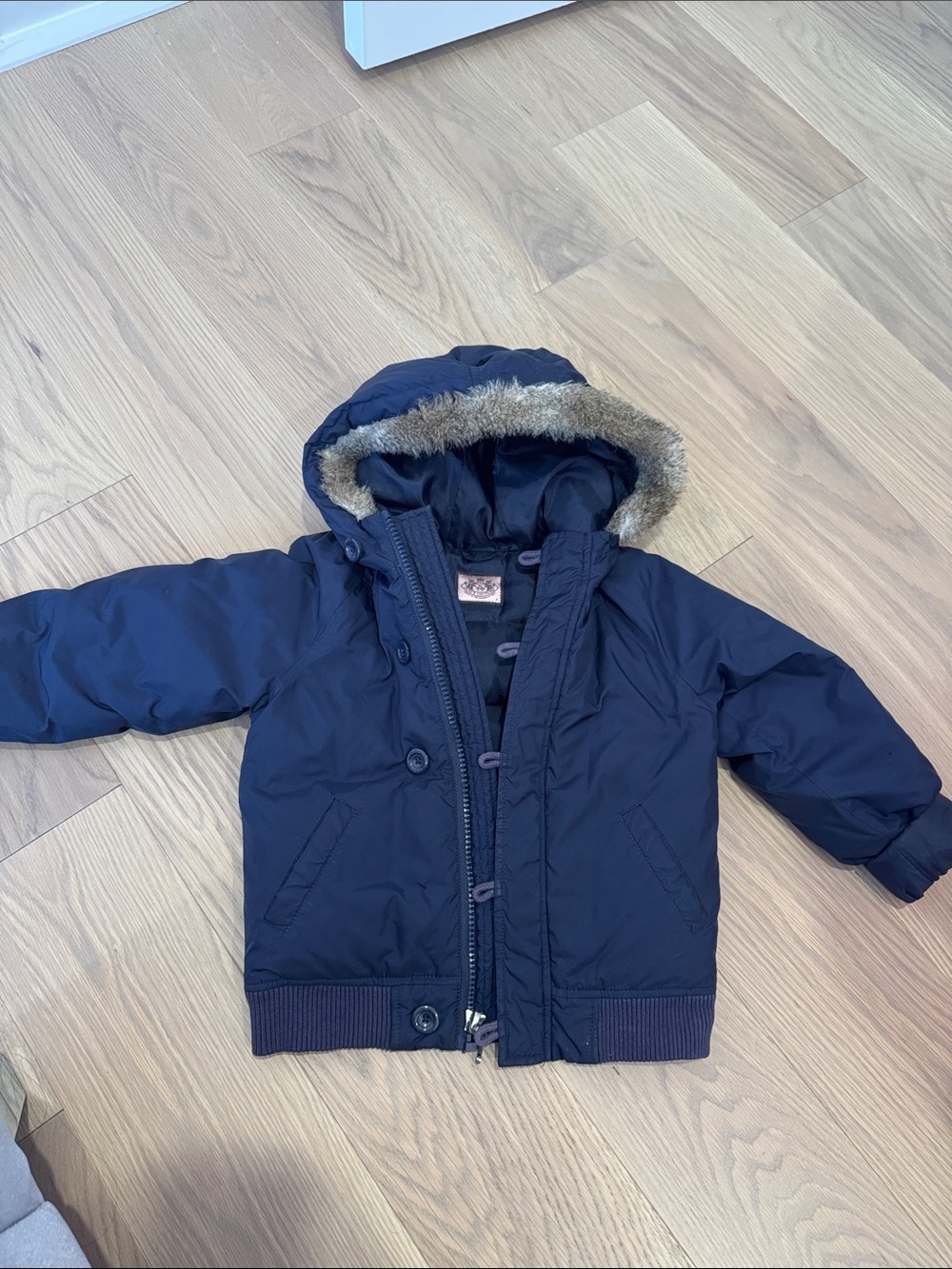 Kids Navy Hooded Winter Jacket with Faux Fur Trim